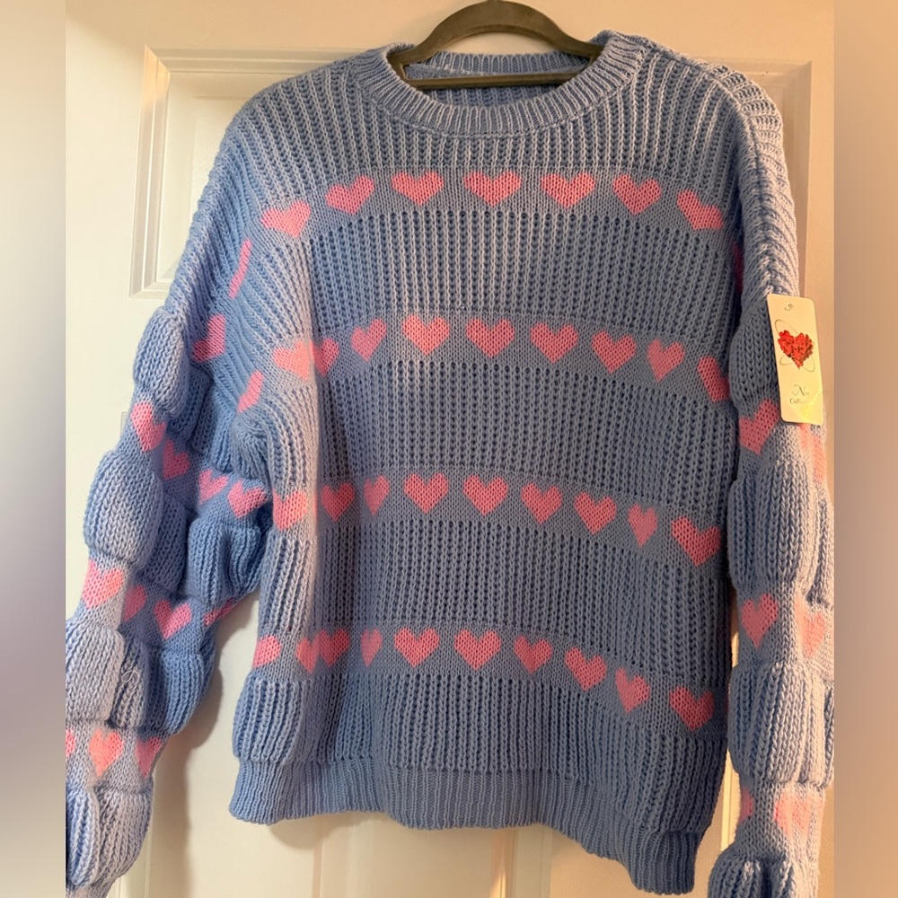 Blue & Pink Heart Knit Sweater - Women's Cozy Pullover